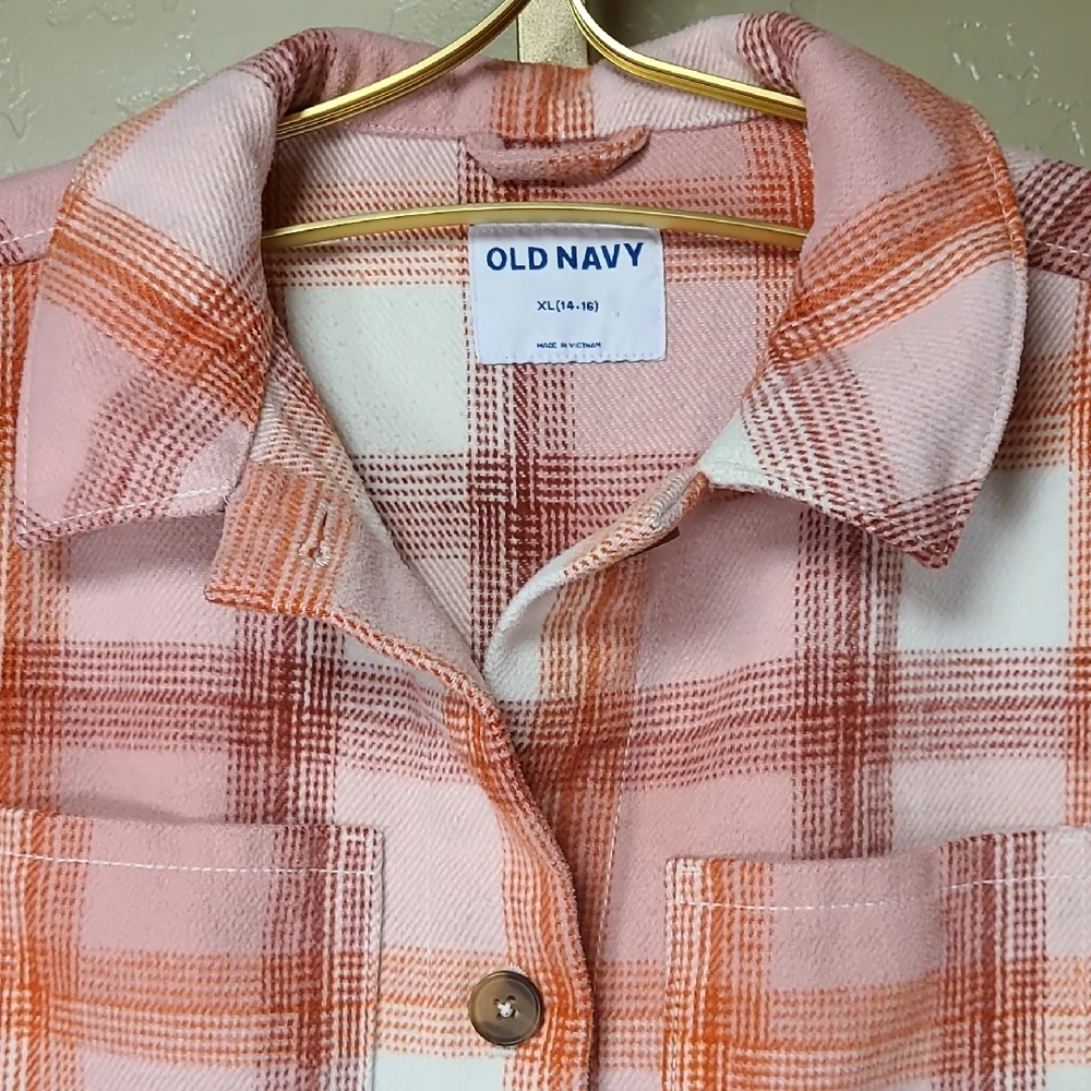 Old Navy Pink and Orange Peach Plaid Shacket Shirt Jacket Girls XL(14-16)